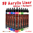 Acryl 3D Liner Glitter Perlmutt 11erSet je 40ml Blob/Dot Painting Malfarben