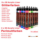 Acryl 3D Liner Glitter Perlmutt 11erSet je 40ml Blob/Dot Painting Malfarben