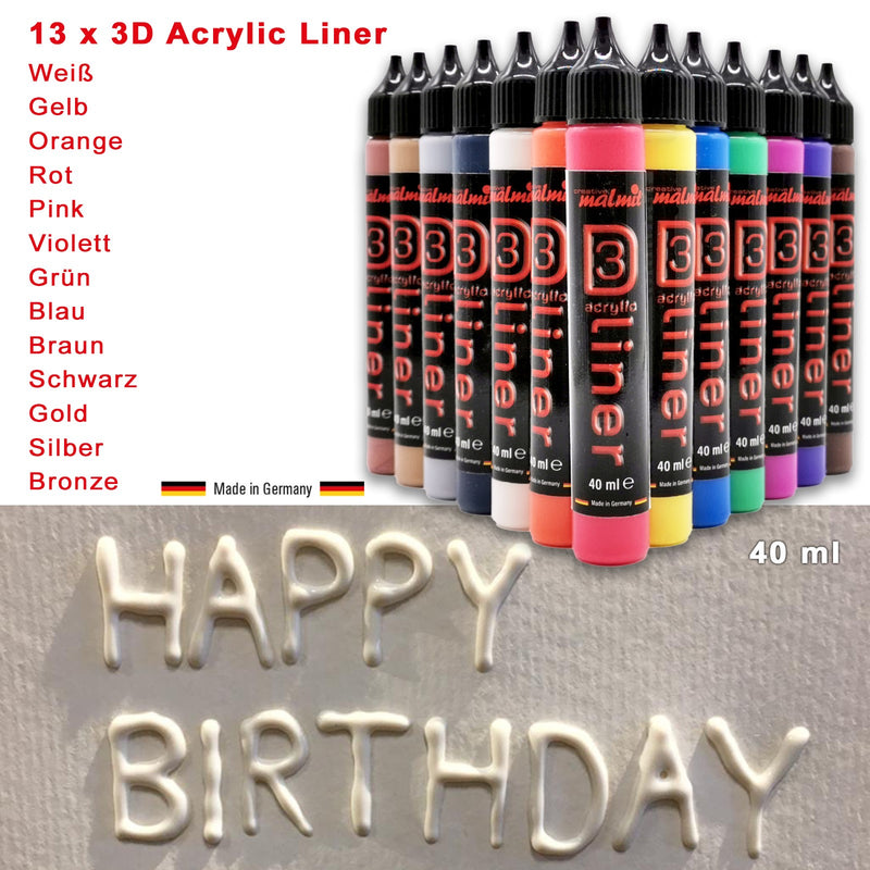 Acryl 3D Liner 13erSet je 40 ml Acrylic Dot Painting Malfarben hochdec