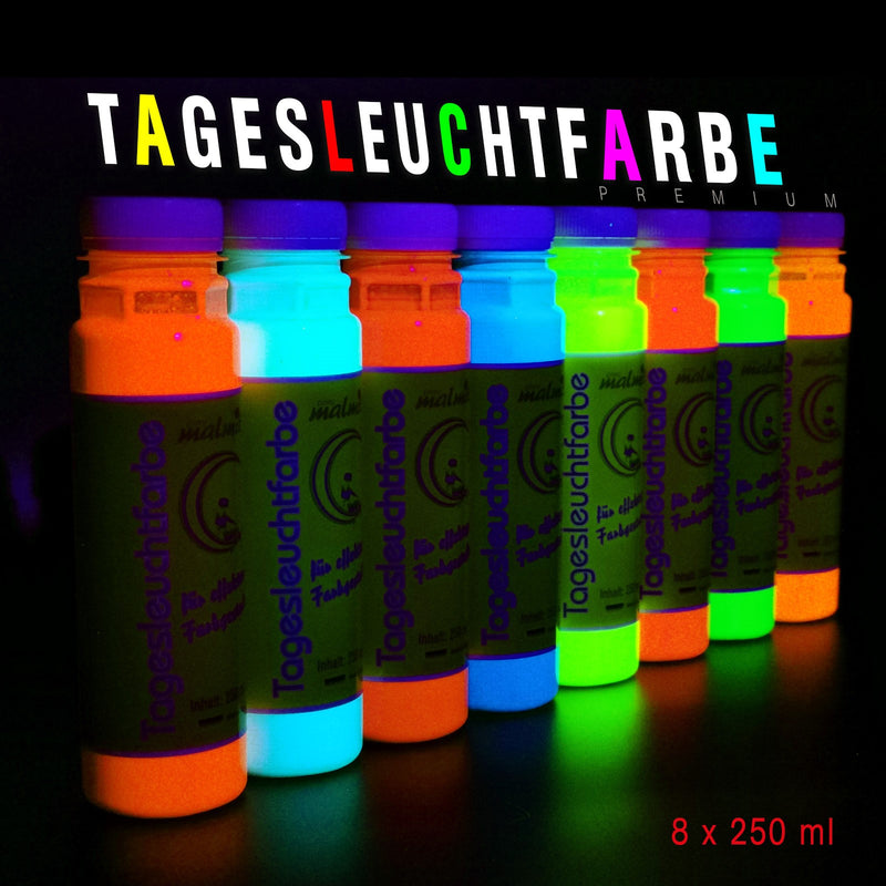 8 x 250ml Tagesleuchtfarbe NEON Schwarzlichtfarbe UV Farbe Neonfarbe Leuchtfarbe