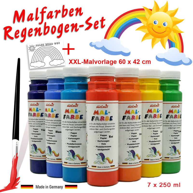 Malfarbe 7er Regenbogen Set je 250ml Temperafarbe Schulfarbe Farben mit Vorlagen