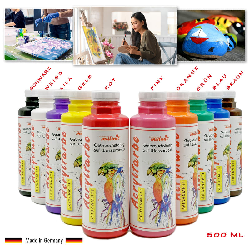 Acrylfarben 10er Set je 500 ml Künstlerfarben Acryl Malfarben Seidenmatt Pouring
